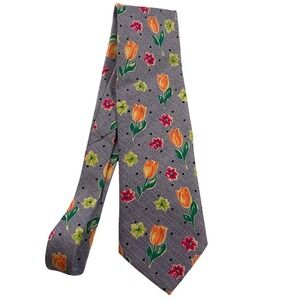 Marks & Spencer Mens Silk Tie Blue Grey‎ Orange Tulip Floral Polka Dot Print